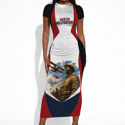 Personalized Harlem Hellfighters Short Sleeve Bodycon Dress WWI African American Soldiers Patriotic Vintage Art