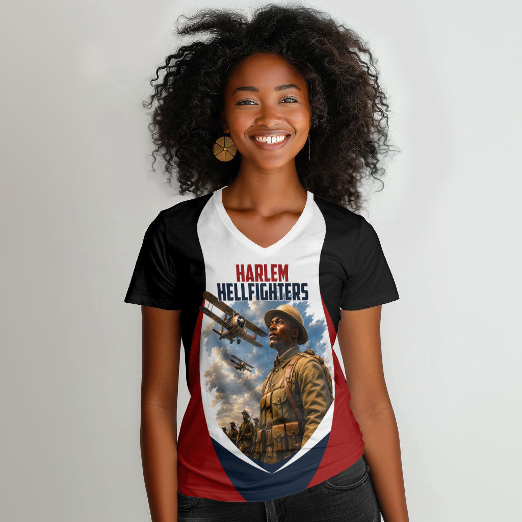 Personalized Harlem Hellfighters Women V-Neck T-Shirt WWI African American Soldiers Patriotic Vintage Art