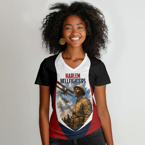 Personalized Harlem Hellfighters Women V-Neck T-Shirt WWI African American Soldiers Patriotic Vintage Art