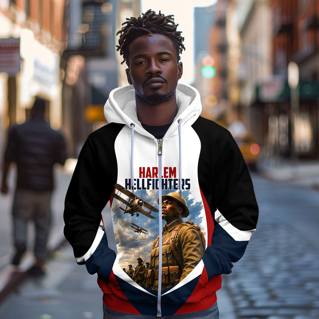 Personalized Harlem Hellfighters Zip Hoodie WWI African American Soldiers Patriotic Vintage Art