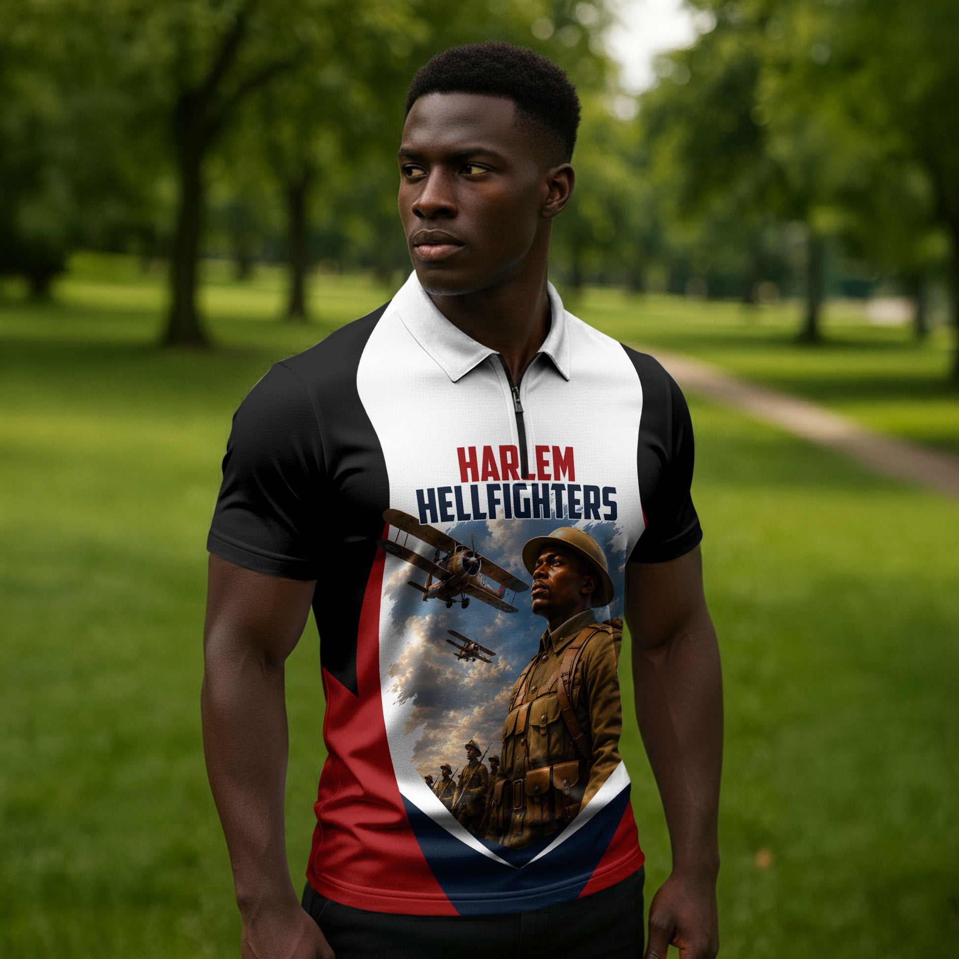 Personalized Harlem Hellfighters Zipper Polo Shirt WWI African American Soldiers Patriotic Vintage Art