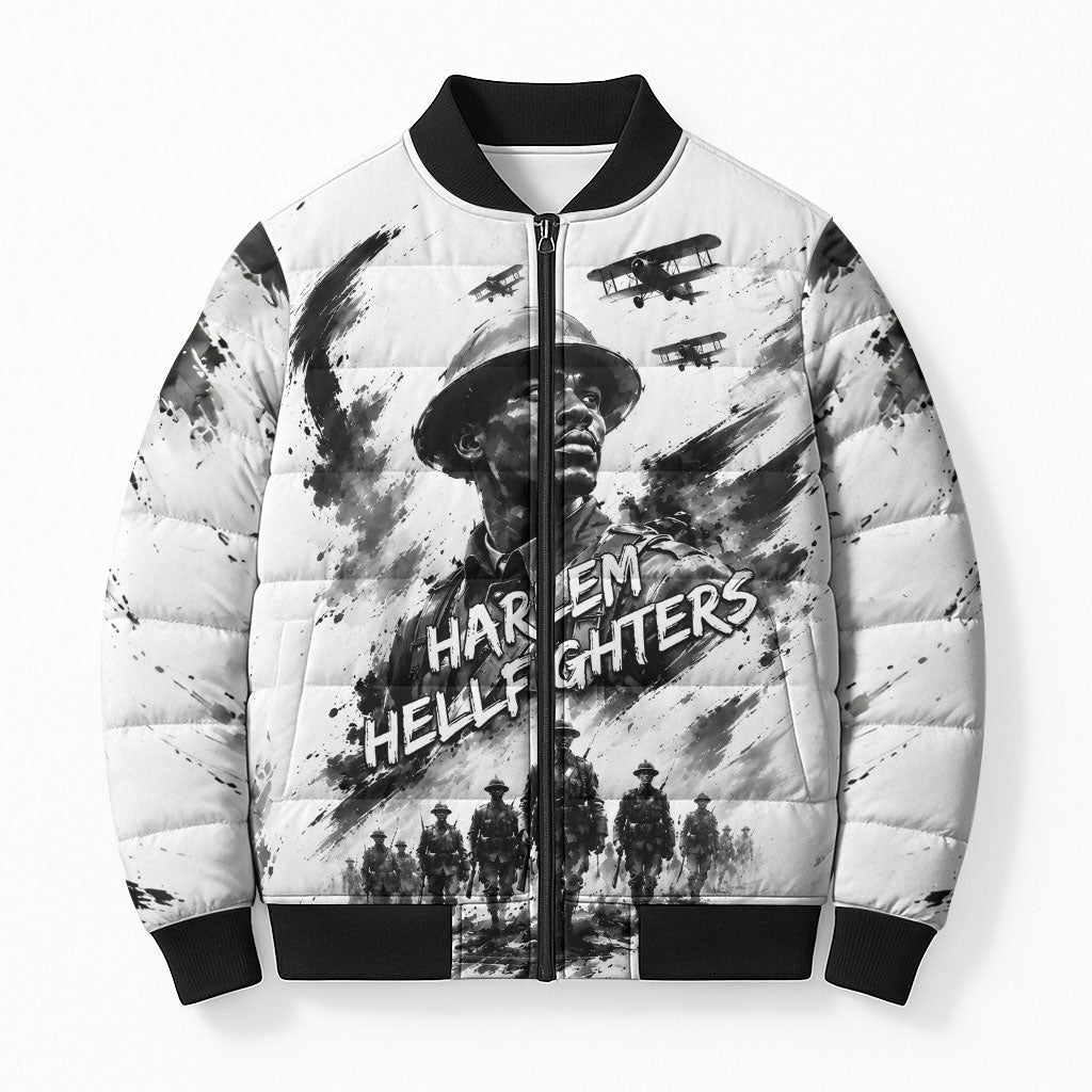 Personalized Harlem Hellfighters Bomber Puffer Jacket WWI African American Soldiers Monochrome Grunge Sketch Art