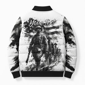 Personalized Harlem Hellfighters Bomber Puffer Jacket WWI African American Soldiers Monochrome Grunge Sketch Art