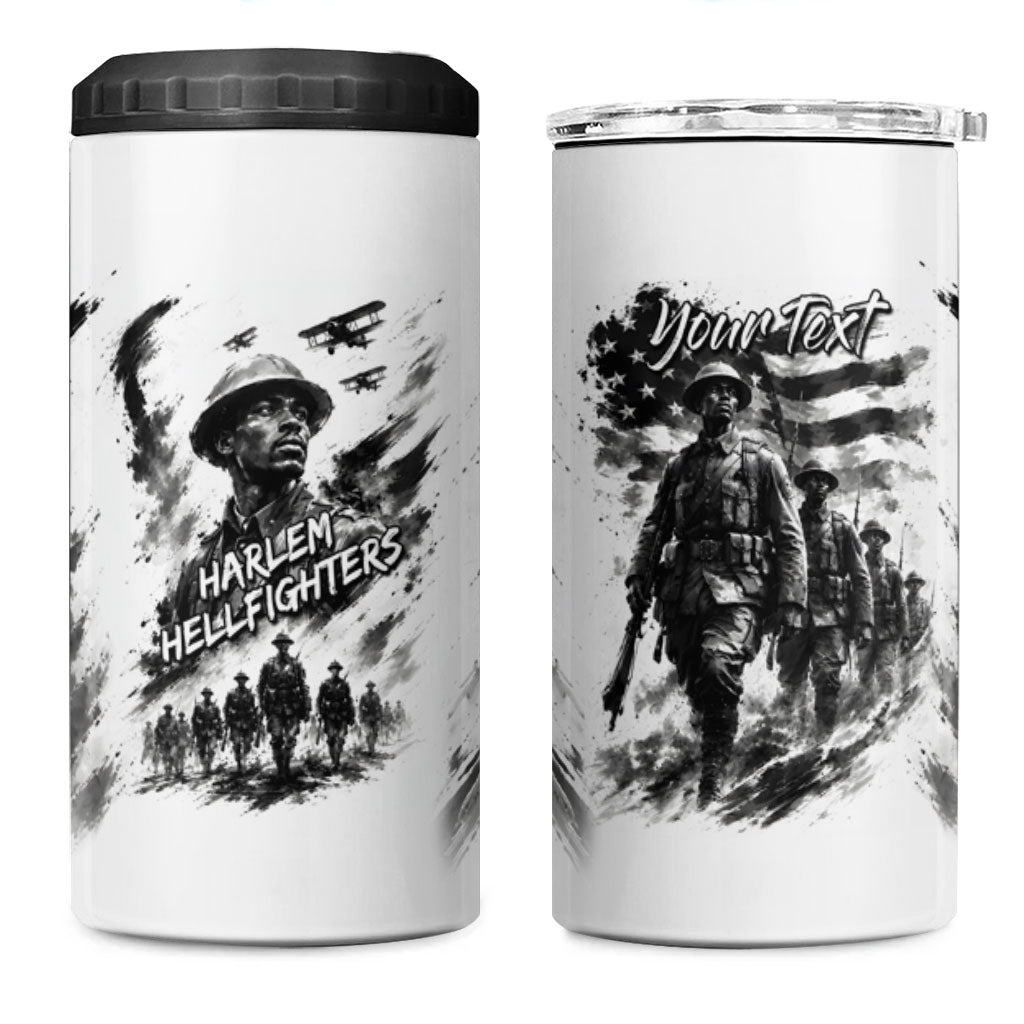 Personalized Harlem Hellfighters 4 in 1 Can Cooler Tumbler WWI African American Soldiers Monochrome Grunge Sketch Art