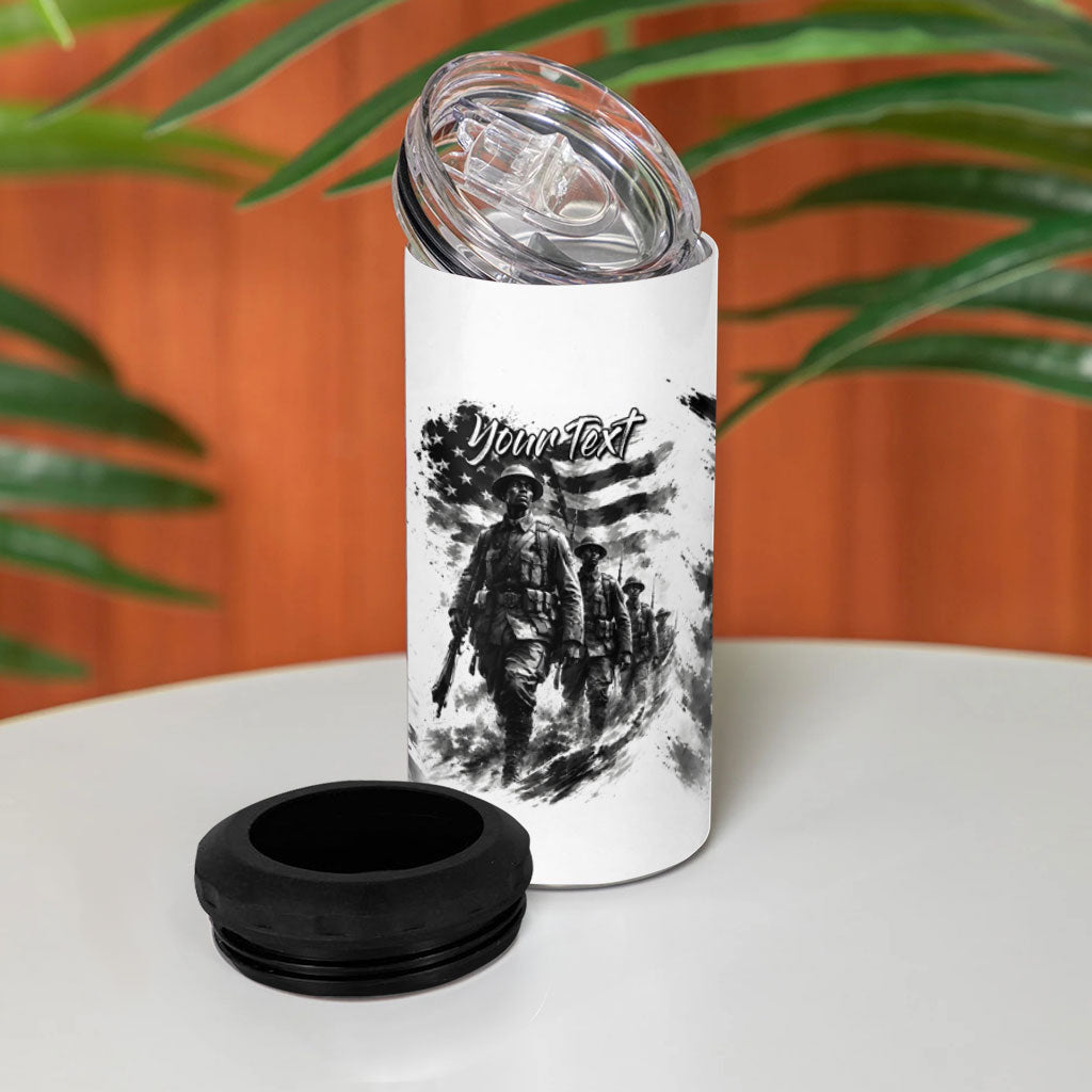 Personalized Harlem Hellfighters 4 in 1 Can Cooler Tumbler WWI African American Soldiers Monochrome Grunge Sketch Art