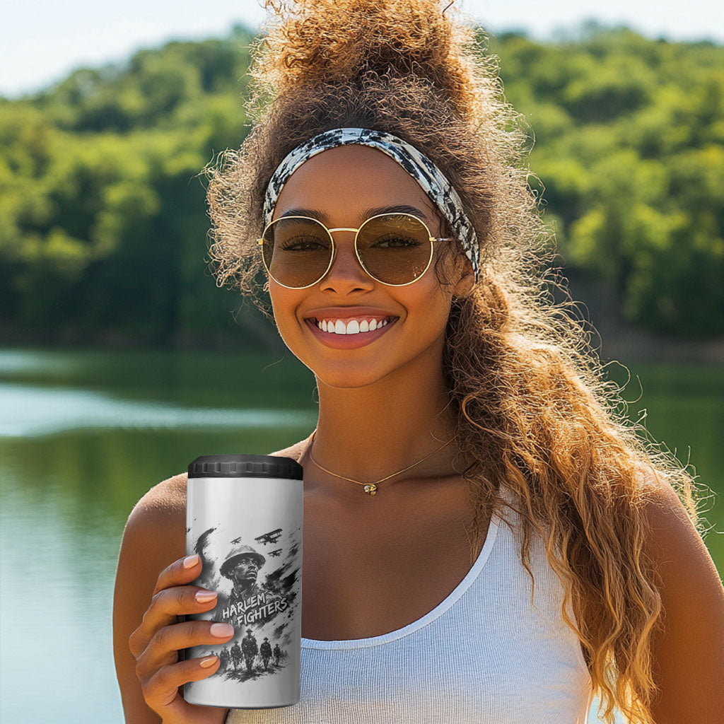Personalized Harlem Hellfighters 4 in 1 Can Cooler Tumbler WWI African American Soldiers Monochrome Grunge Sketch Art