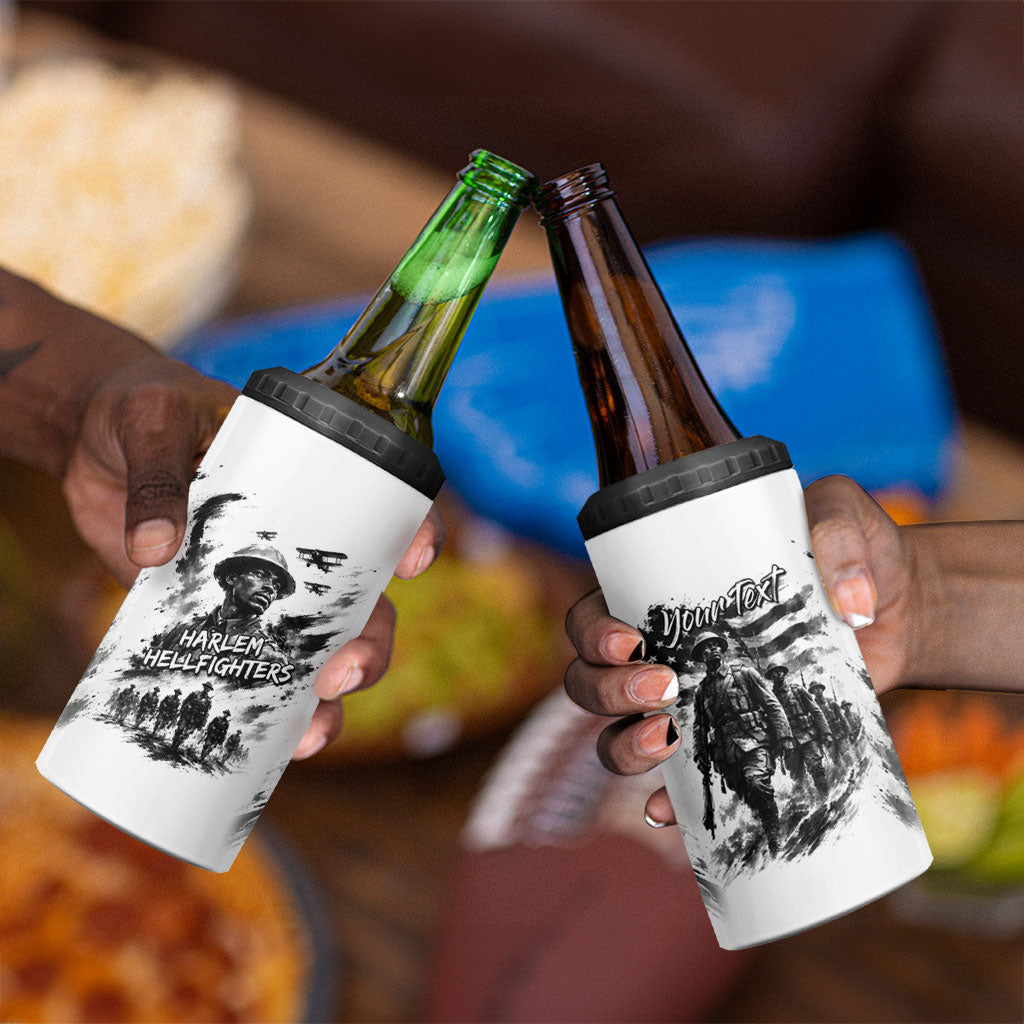 Personalized Harlem Hellfighters 4 in 1 Can Cooler Tumbler WWI African American Soldiers Monochrome Grunge Sketch Art