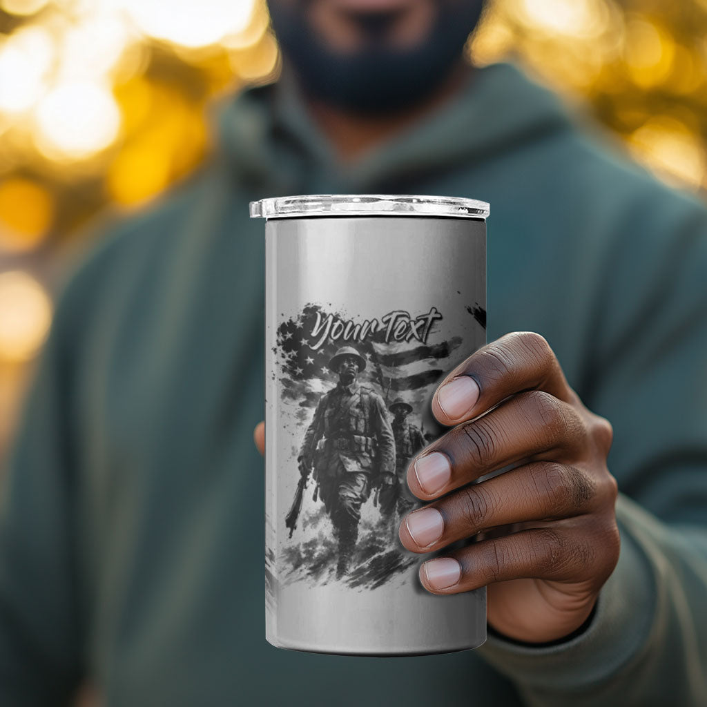 Personalized Harlem Hellfighters 4 in 1 Can Cooler Tumbler WWI African American Soldiers Monochrome Grunge Sketch Art