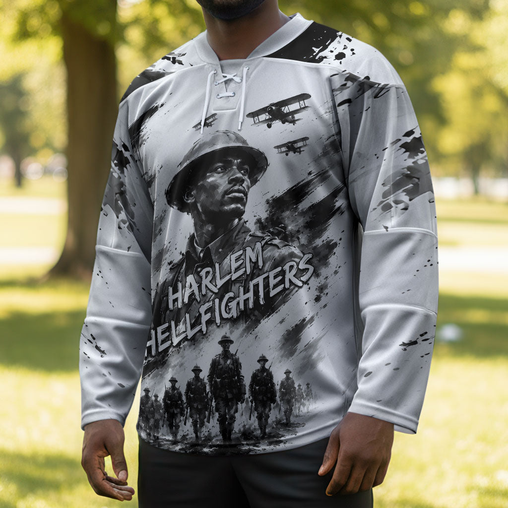 Personalized Harlem Hellfighters Hockey Jersey WWI African American Soldiers Monochrome Grunge Sketch Art