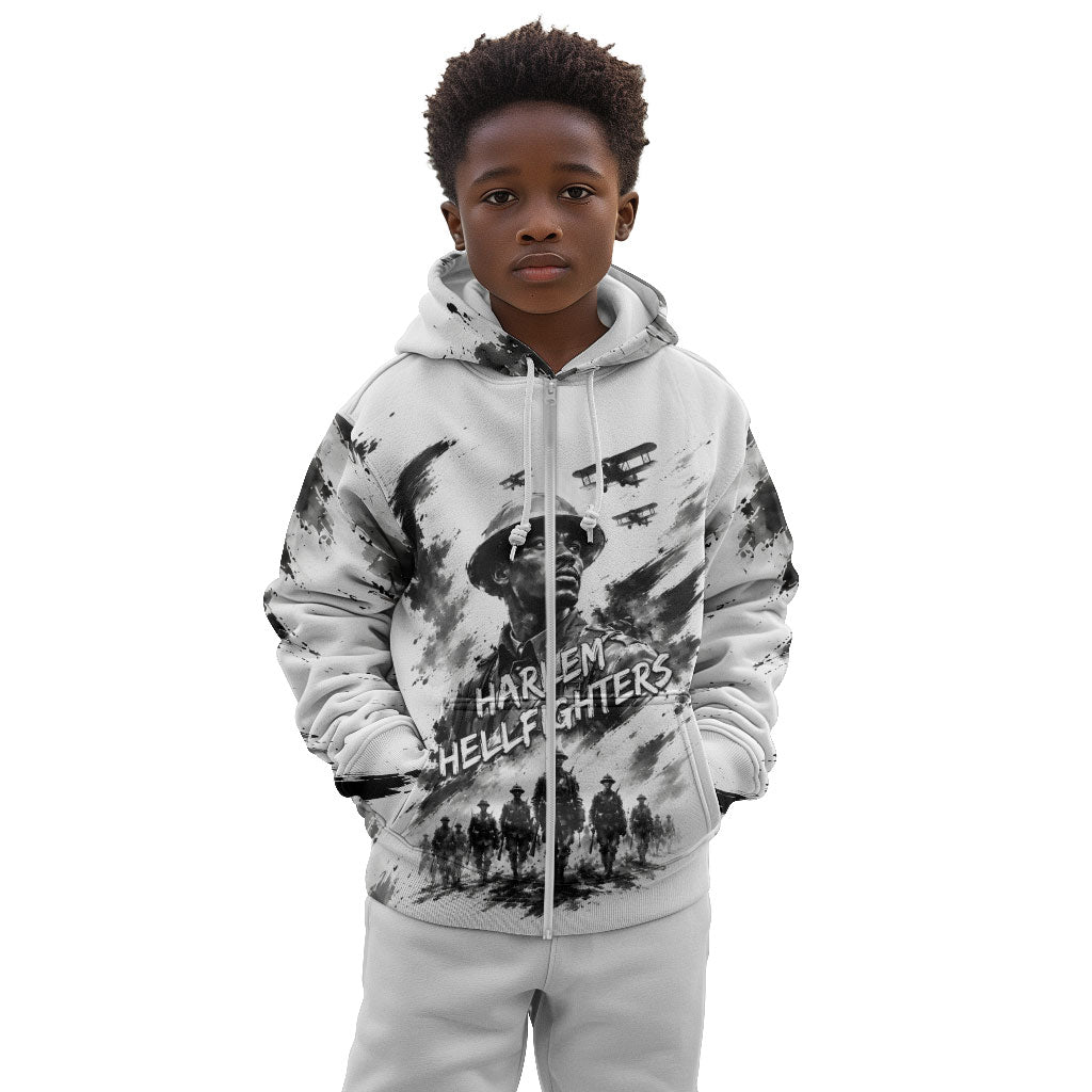 Personalized Harlem Hellfighters Kid Hoodie WWI African American Soldiers Monochrome Grunge Sketch Art