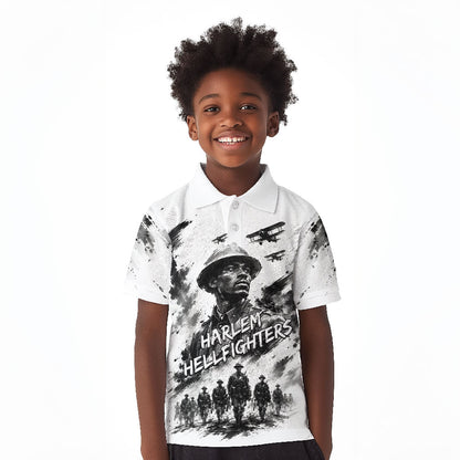 Personalized Harlem Hellfighters Kid Polo Shirt WWI African American Soldiers Monochrome Grunge Sketch Art