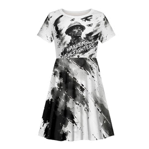 Personalized Harlem Hellfighters Kid Short Sleeve Dress WWI African American Soldiers Monochrome Grunge Sketch Art