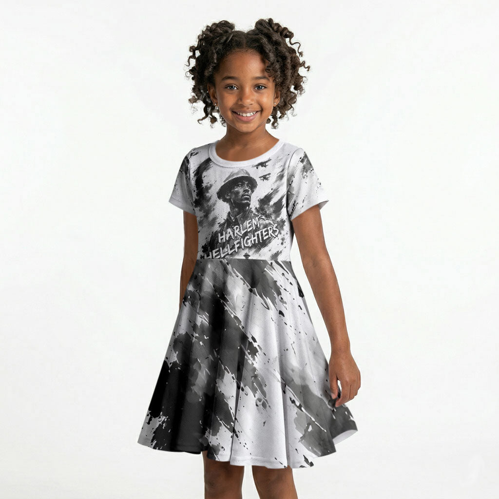 Personalized Harlem Hellfighters Kid Short Sleeve Dress WWI African American Soldiers Monochrome Grunge Sketch Art