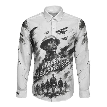 Personalized Harlem Hellfighters Long Sleeve Button Shirt WWI African American Soldiers Monochrome Grunge Sketch Art
