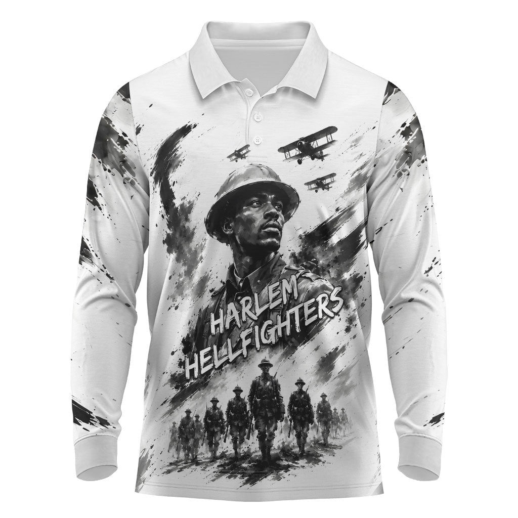 Personalized Harlem Hellfighters Long Sleeve Polo Shirt WWI African American Soldiers Monochrome Grunge Sketch Art