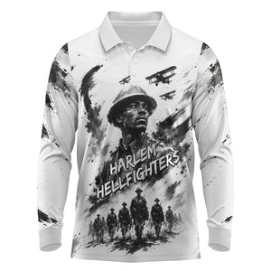 Personalized Harlem Hellfighters Long Sleeve Polo Shirt WWI African American Soldiers Monochrome Grunge Sketch Art