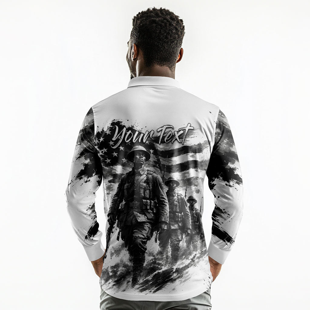 Personalized Harlem Hellfighters Long Sleeve Polo Shirt WWI African American Soldiers Monochrome Grunge Sketch Art