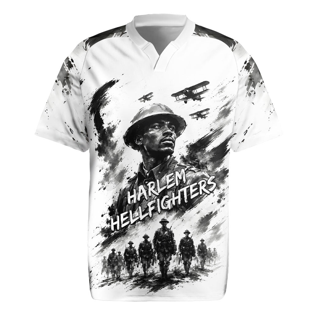Personalized Harlem Hellfighters Rugby Jersey WWI African American Soldiers Monochrome Grunge Sketch Art