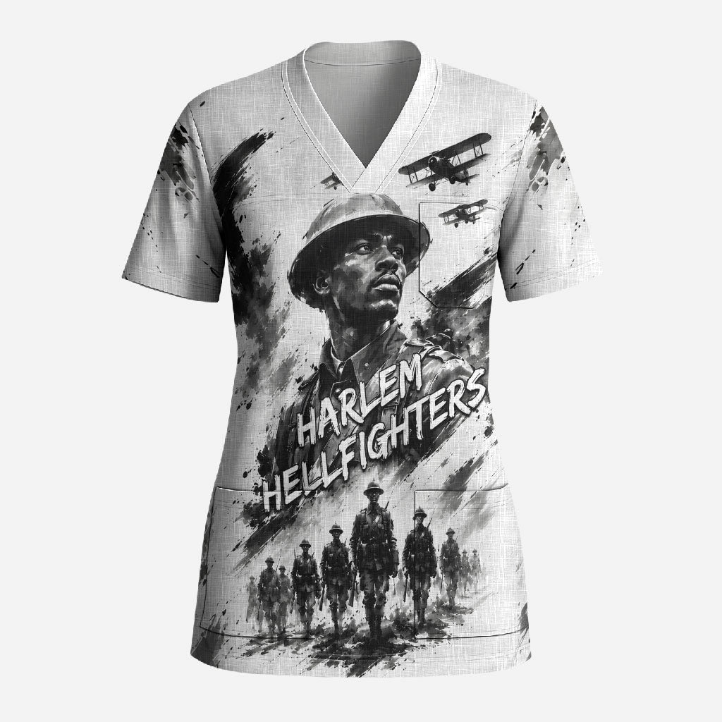 Personalized Harlem Hellfighters Scrub Top WWI African American Soldiers Monochrome Grunge Sketch Art