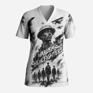 Personalized Harlem Hellfighters Scrub Top WWI African American Soldiers Monochrome Grunge Sketch Art