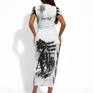 Personalized Harlem Hellfighters Short Sleeve Bodycon Dress WWI African American Soldiers Monochrome Grunge Sketch Art