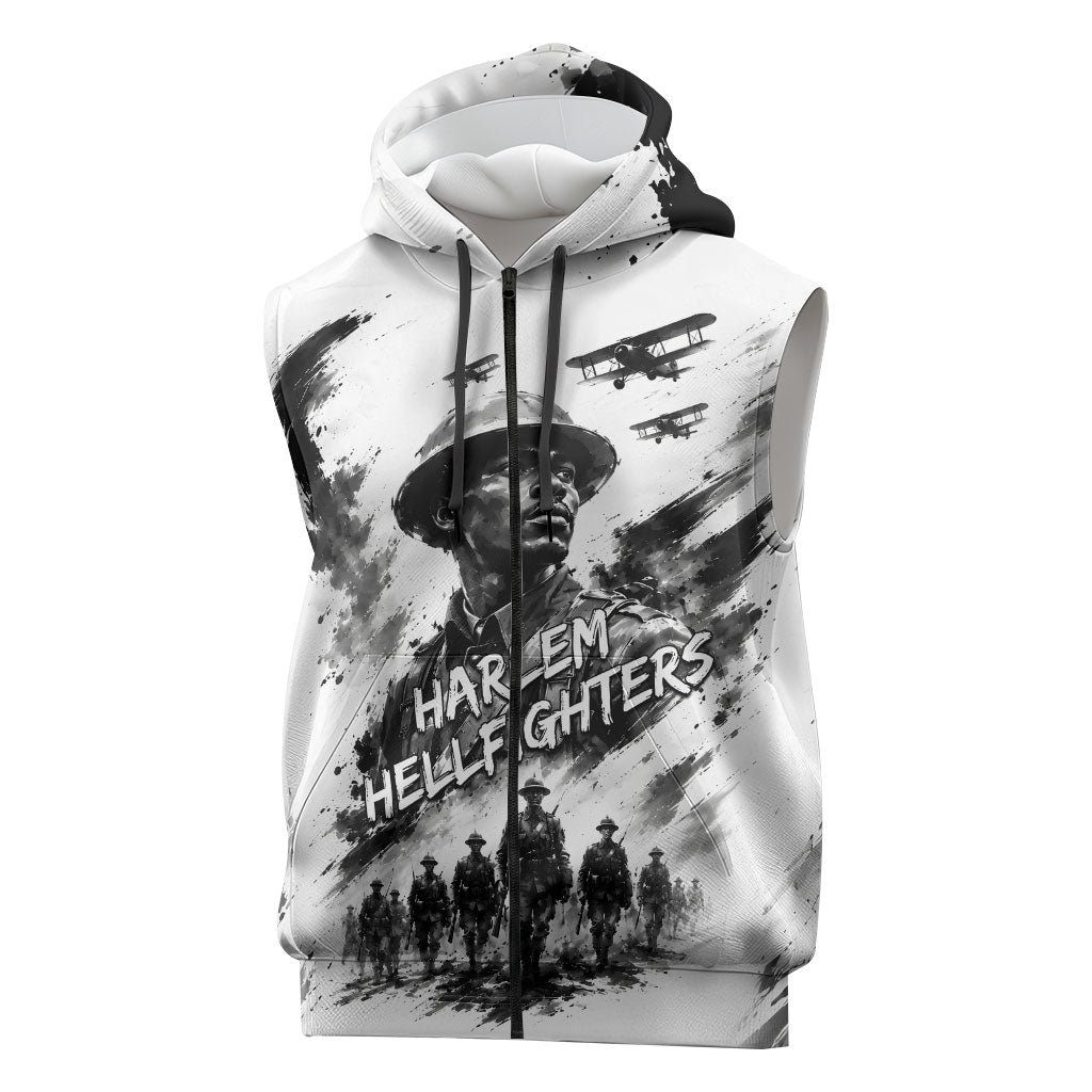 Personalized Harlem Hellfighters Sleeveless Zip Hoodie WWI African American Soldiers Monochrome Grunge Sketch Art