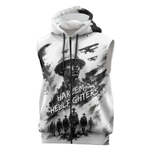 Personalized Harlem Hellfighters Sleeveless Zip Hoodie WWI African American Soldiers Monochrome Grunge Sketch Art