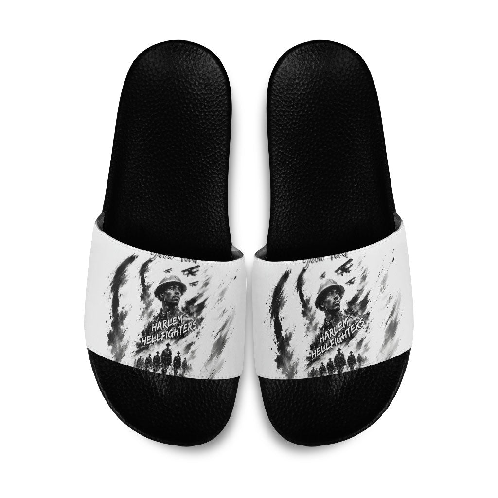 Personalized Harlem Hellfighters Slide Sandals WWI African American Soldiers Monochrome Grunge Sketch Art