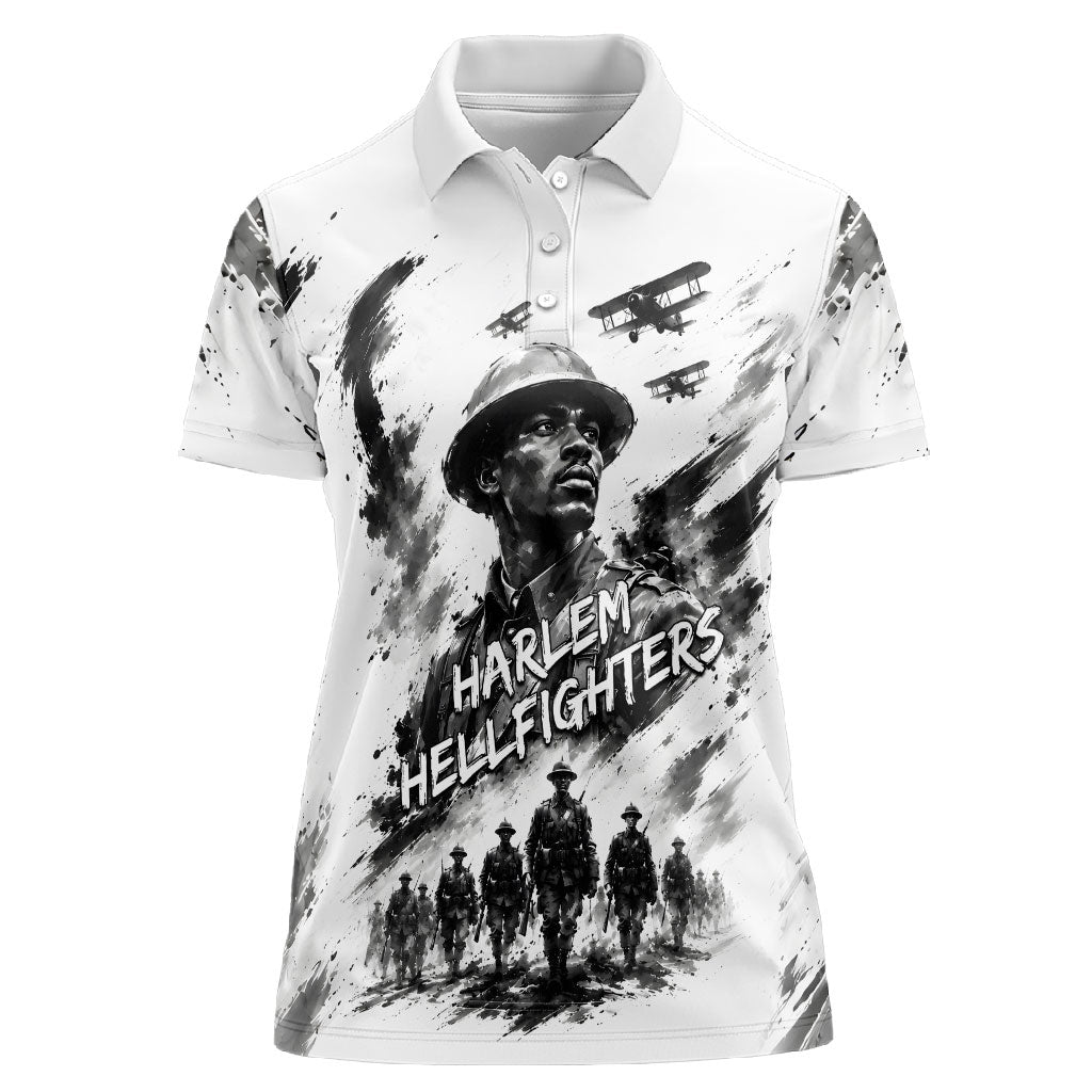 Personalized Harlem Hellfighters Women Polo Shirt WWI African American Soldiers Monochrome Grunge Sketch Art