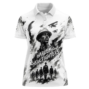 Personalized Harlem Hellfighters Women Polo Shirt WWI African American Soldiers Monochrome Grunge Sketch Art