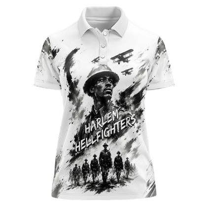 Personalized Harlem Hellfighters Women Polo Shirt WWI African American Soldiers Monochrome Grunge Sketch Art