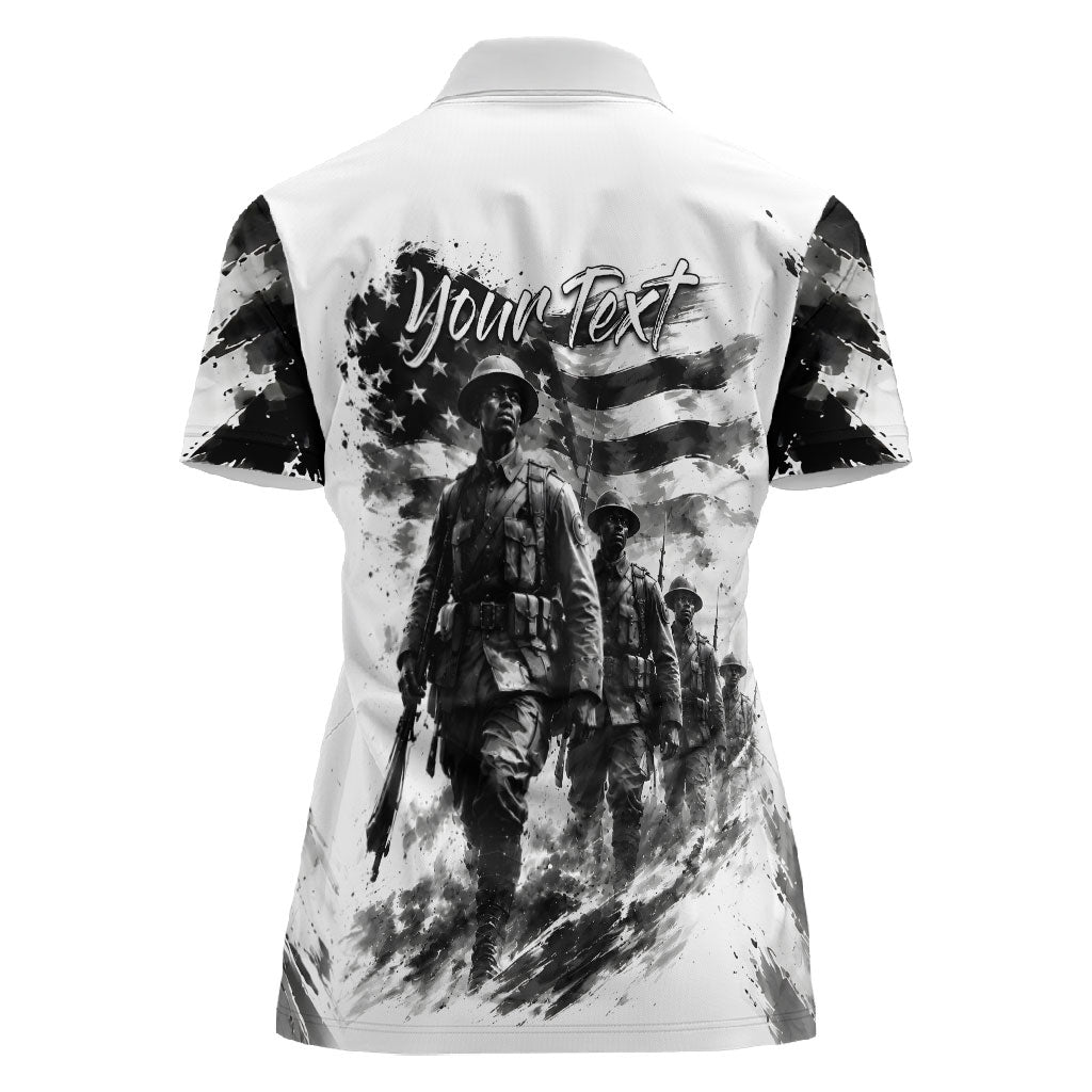 Personalized Harlem Hellfighters Women Polo Shirt WWI African American Soldiers Monochrome Grunge Sketch Art