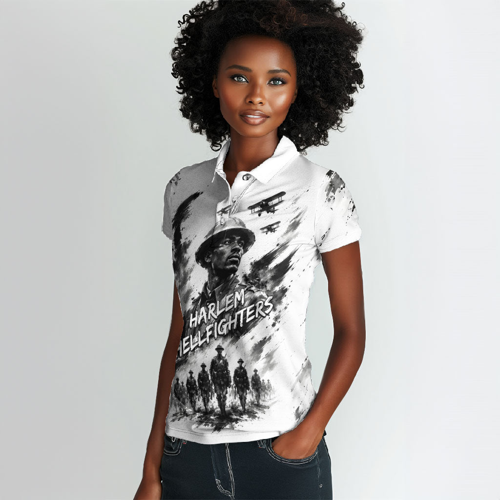 Personalized Harlem Hellfighters Women Polo Shirt WWI African American Soldiers Monochrome Grunge Sketch Art