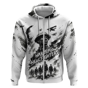 Personalized Harlem Hellfighters Zip Hoodie WWI African American Soldiers Monochrome Grunge Sketch Art