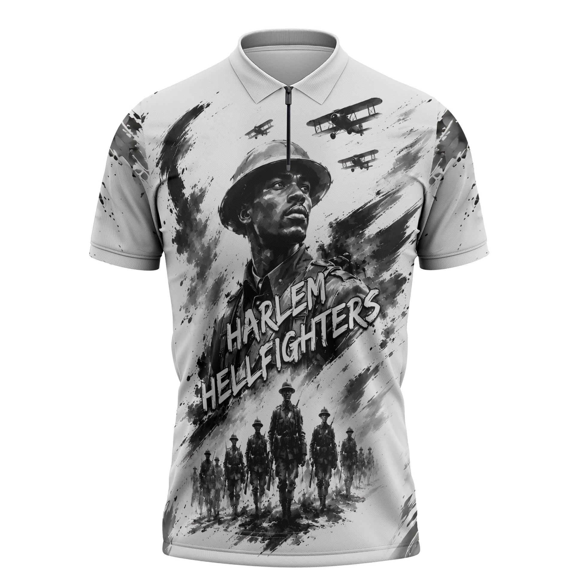 Personalized Harlem Hellfighters Zipper Polo Shirt WWI African American Soldiers Monochrome Grunge Sketch Art