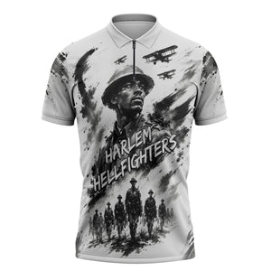 Personalized Harlem Hellfighters Zipper Polo Shirt WWI African American Soldiers Monochrome Grunge Sketch Art