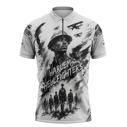 Personalized Harlem Hellfighters Zipper Polo Shirt WWI African American Soldiers Monochrome Grunge Sketch Art