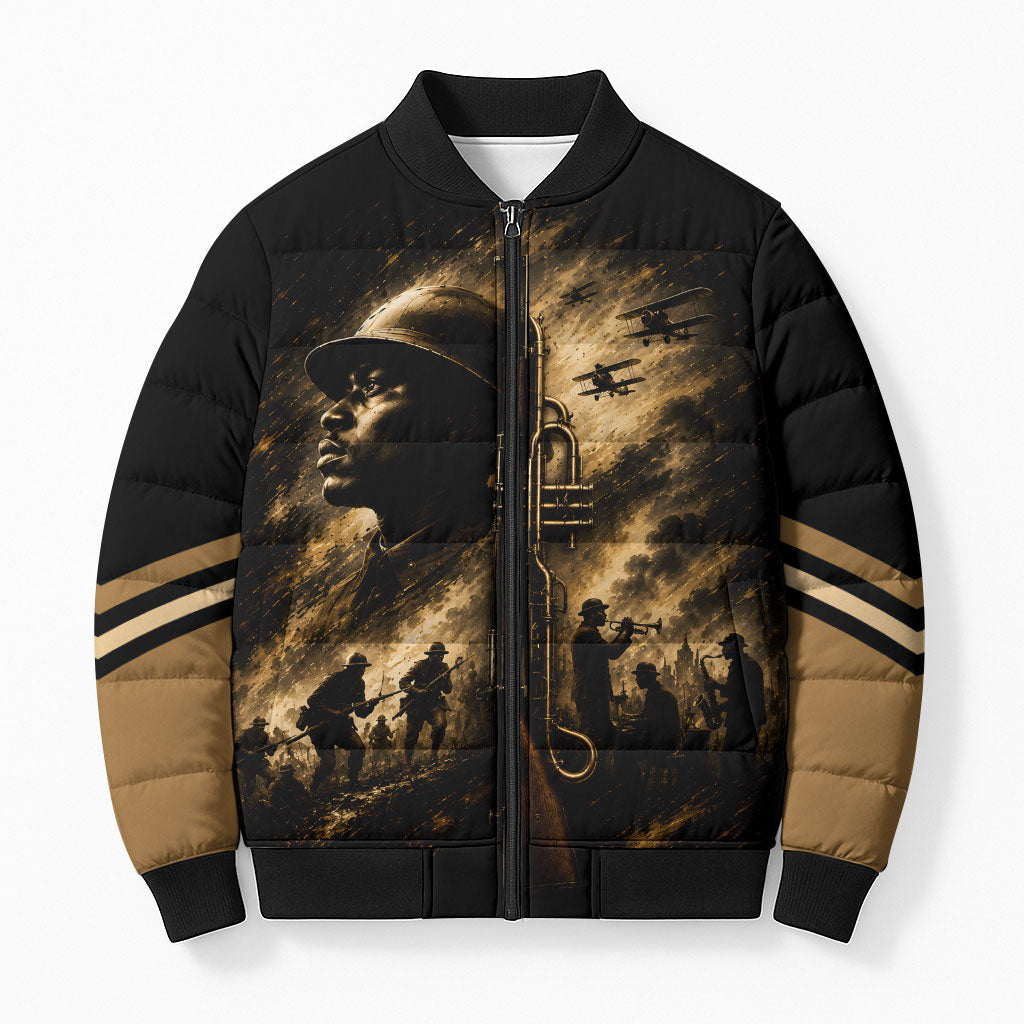 Harlem Hellfighters WWI Soldier Bomber Puffer Jacket Vintage Military Jazz Band Artwork
