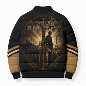 Harlem Hellfighters WWI Soldier Bomber Puffer Jacket Vintage Military Jazz Band Artwork