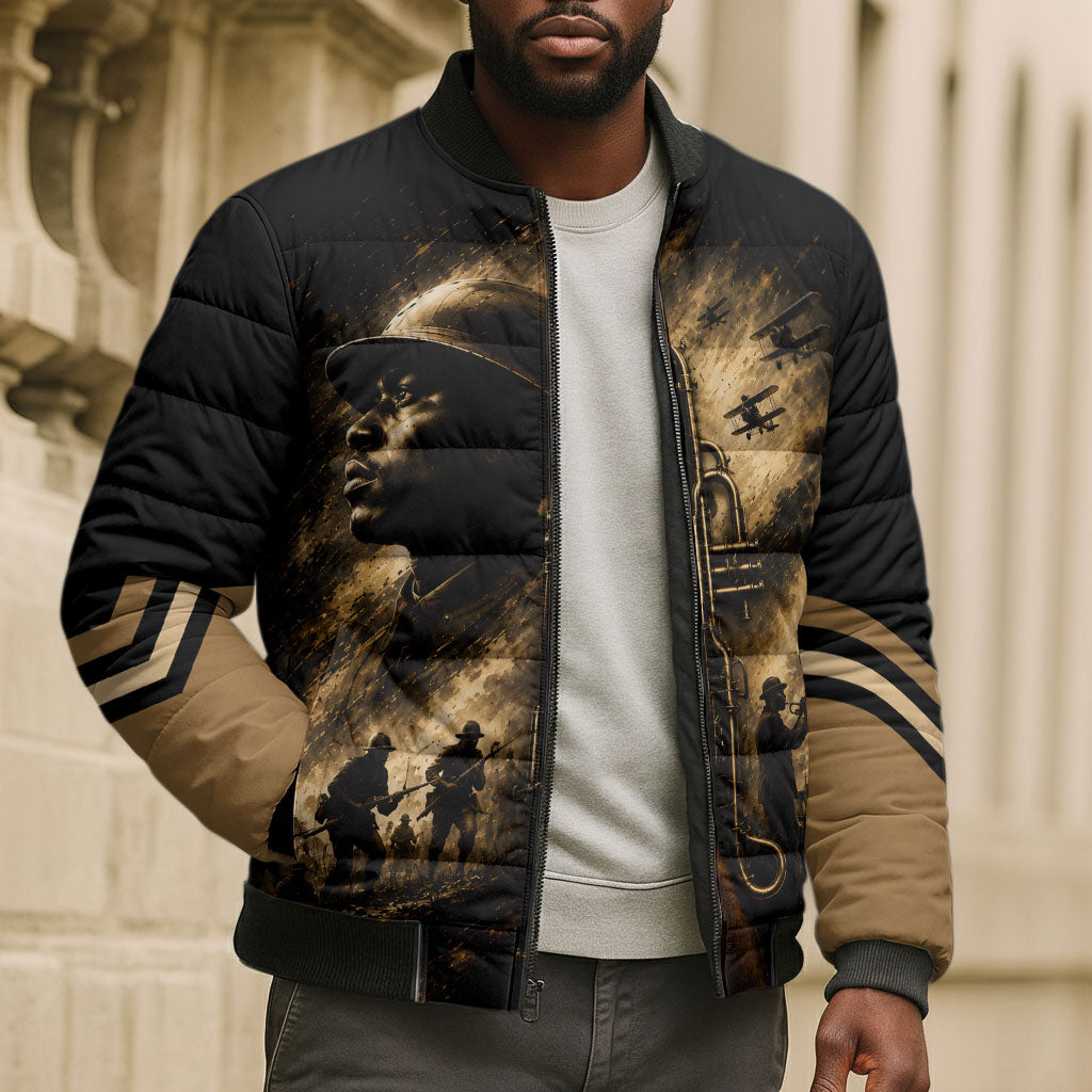Harlem Hellfighters WWI Soldier Bomber Puffer Jacket Vintage Military Jazz Band Artwork