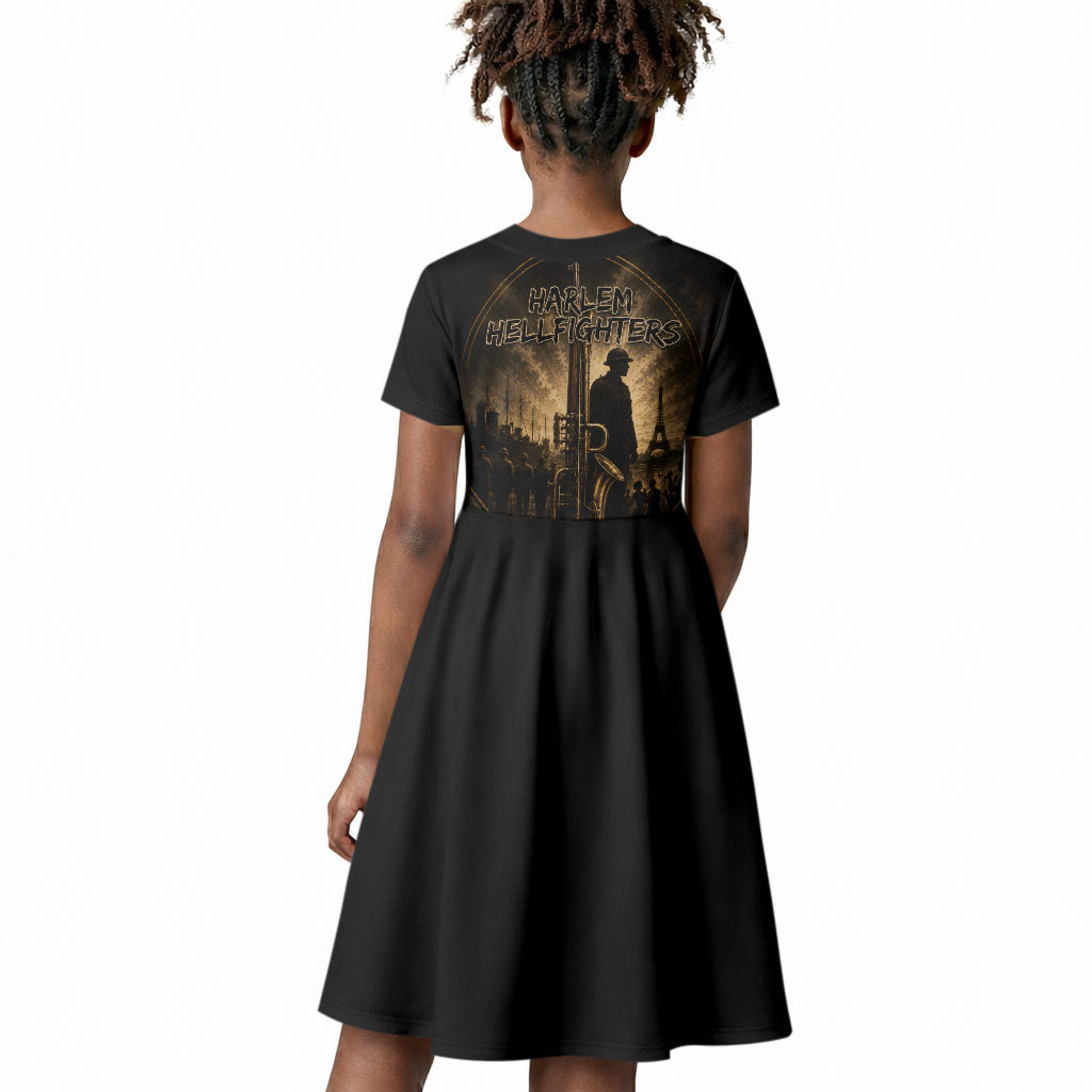Harlem Hellfighters WWI Soldier Kid Short Sleeve Dress Vintage Military Jazz Band Artwork