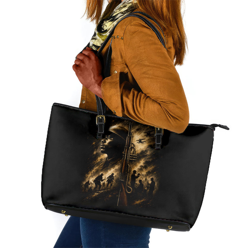 Harlem Hellfighters WWI Soldier Leather Tote Bag Vintage Military Jazz Band Artwork