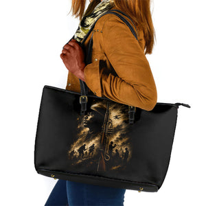 Harlem Hellfighters WWI Soldier Leather Tote Bag Vintage Military Jazz Band Artwork