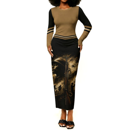 Harlem Hellfighters WWI Soldier Long Sleeve Bodycon Dress Vintage Military Jazz Band Artwork