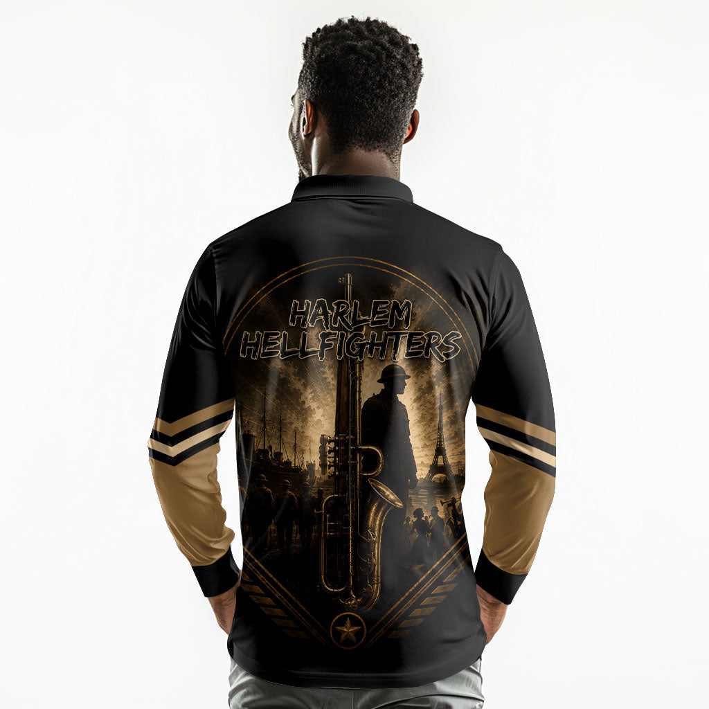 Harlem Hellfighters WWI Soldier Long Sleeve Polo Shirt Vintage Military Jazz Band Artwork