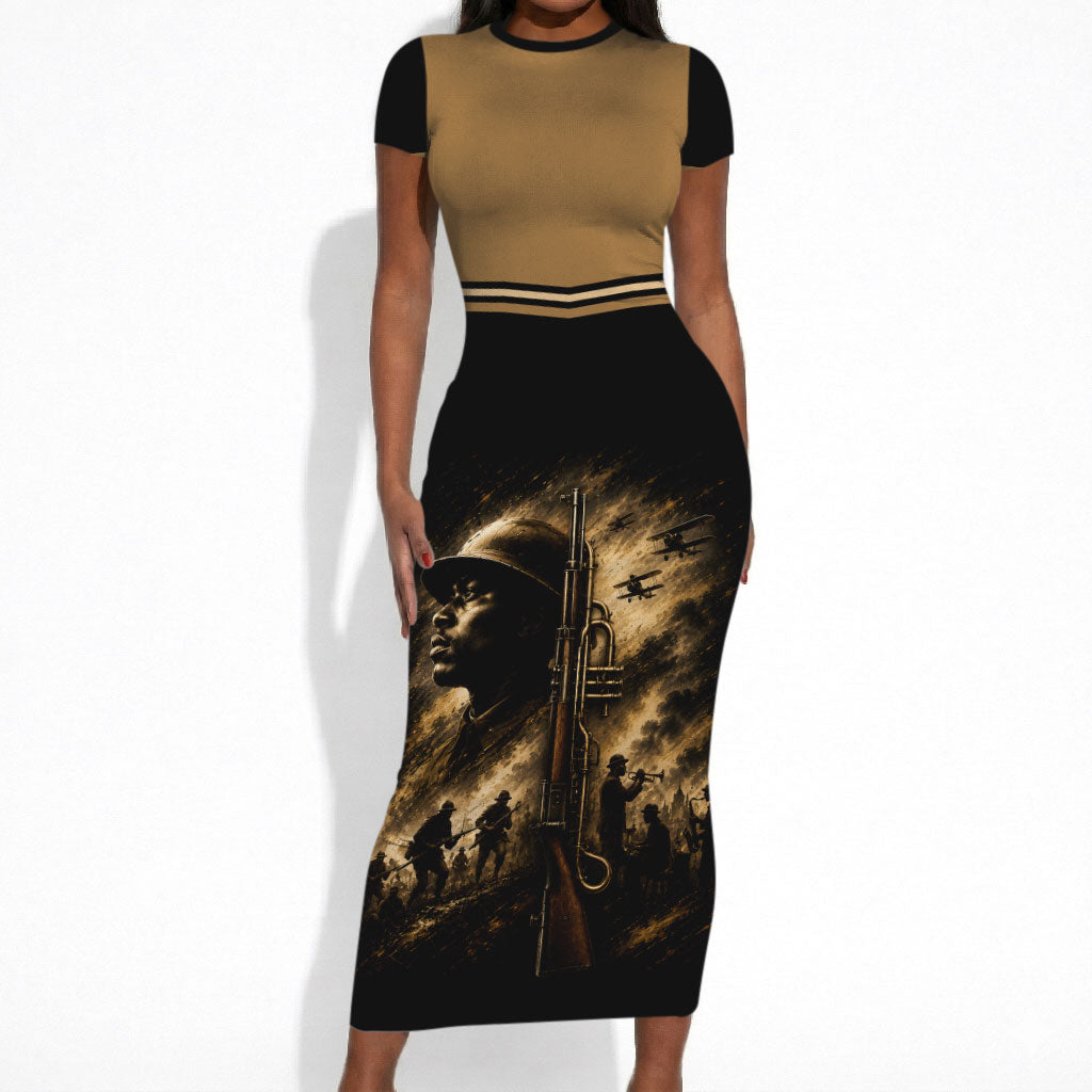 Harlem Hellfighters WWI Soldier Short Sleeve Bodycon Dress Vintage Military Jazz Band Artwork