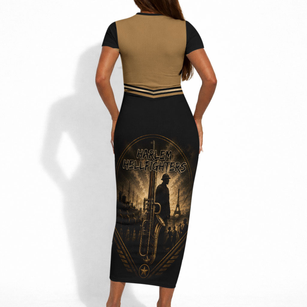 Harlem Hellfighters WWI Soldier Short Sleeve Bodycon Dress Vintage Military Jazz Band Artwork