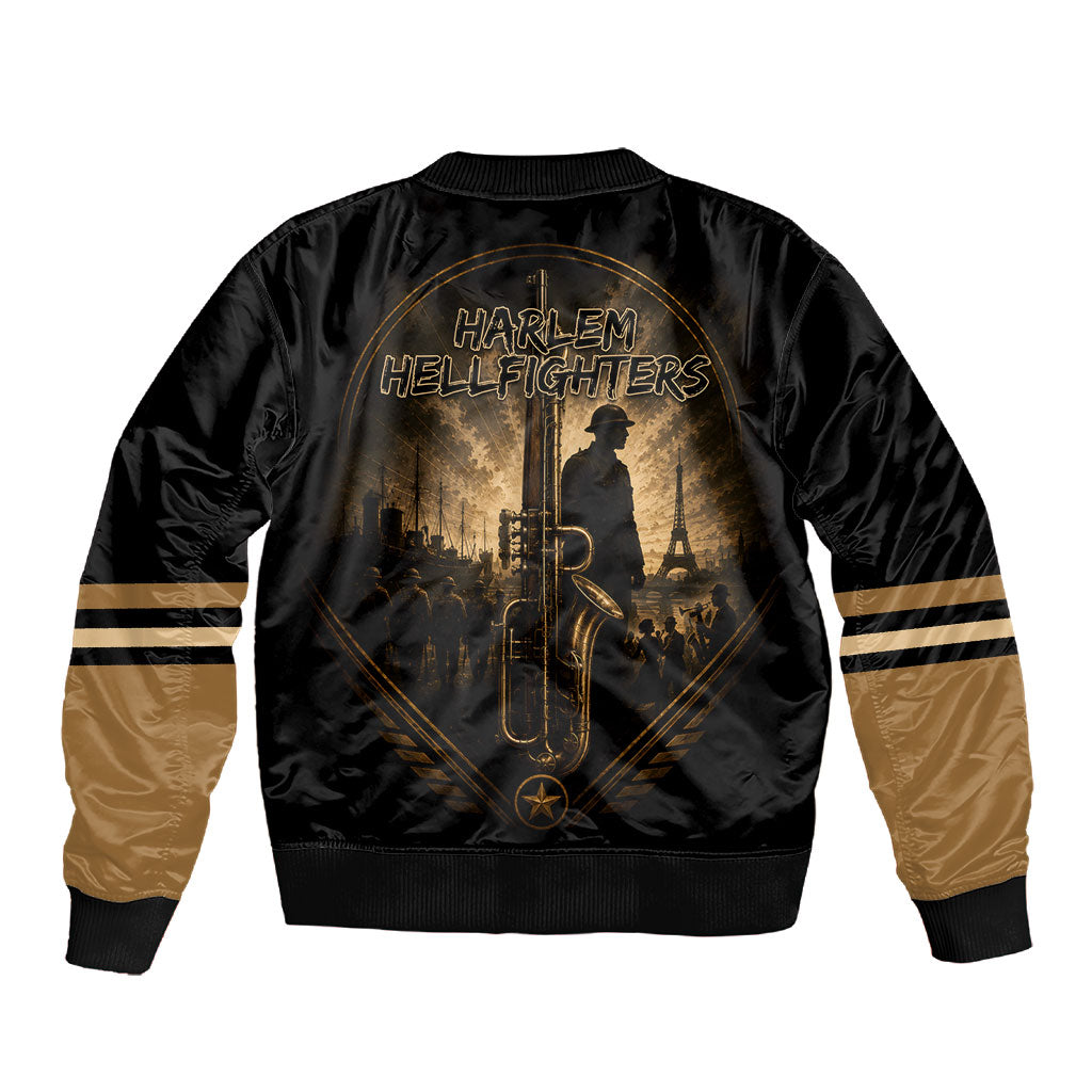Harlem Hellfighters WWI Soldier Sleeve Zip Bomber Jacket Vintage Military Jazz Band Artwork