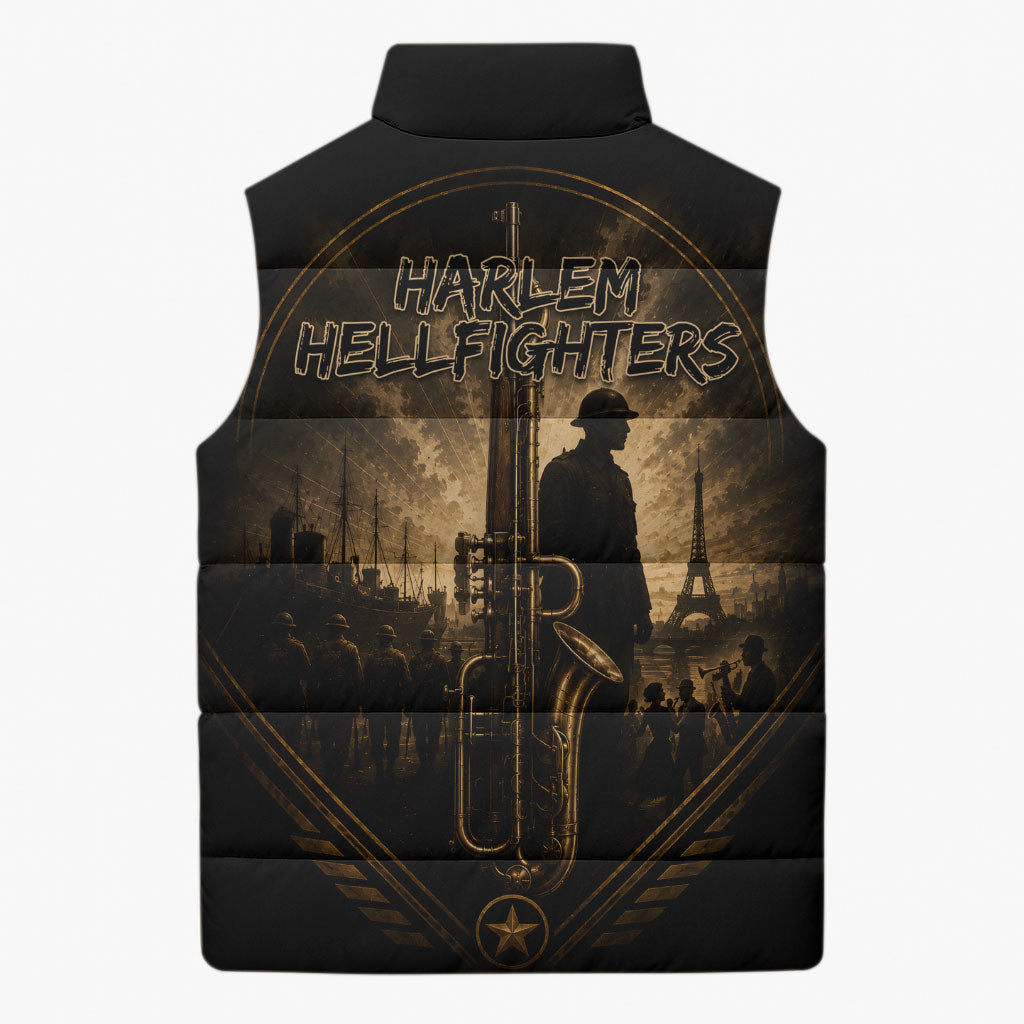 Harlem Hellfighters WWI Soldier Sleeveless Puffer Jacket Vintage Military Jazz Band Artwork