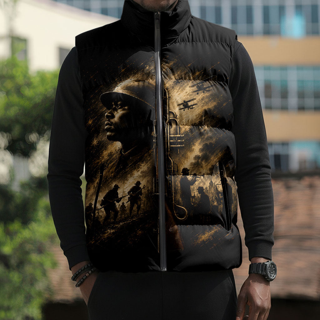 Harlem Hellfighters WWI Soldier Sleeveless Puffer Jacket Vintage Military Jazz Band Artwork